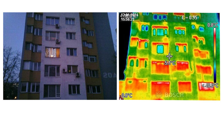 Саниран блок в София, изследван с термокамера на 12 януари. В червено е излъчваната топлина от сградата.