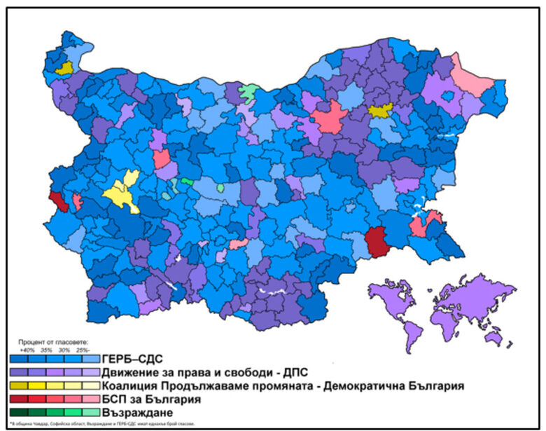 Различната наситеност на цветовете вече показва къде са печелени убедителни победи и къде преднината е била само 2%.