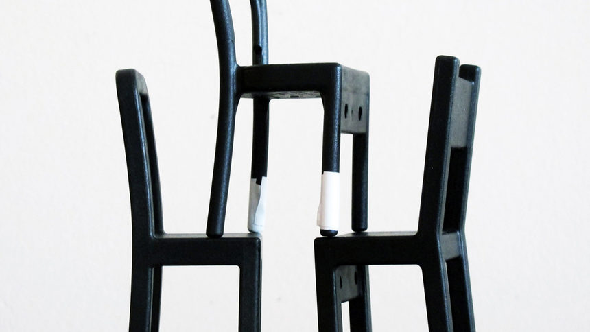 Three chairs and one with two banded legs, 2018