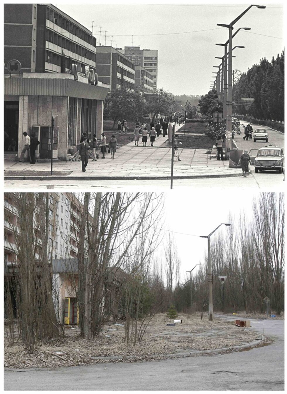 Следващите три снимки показват гледки от Припят през 1982 и през 2011 г.