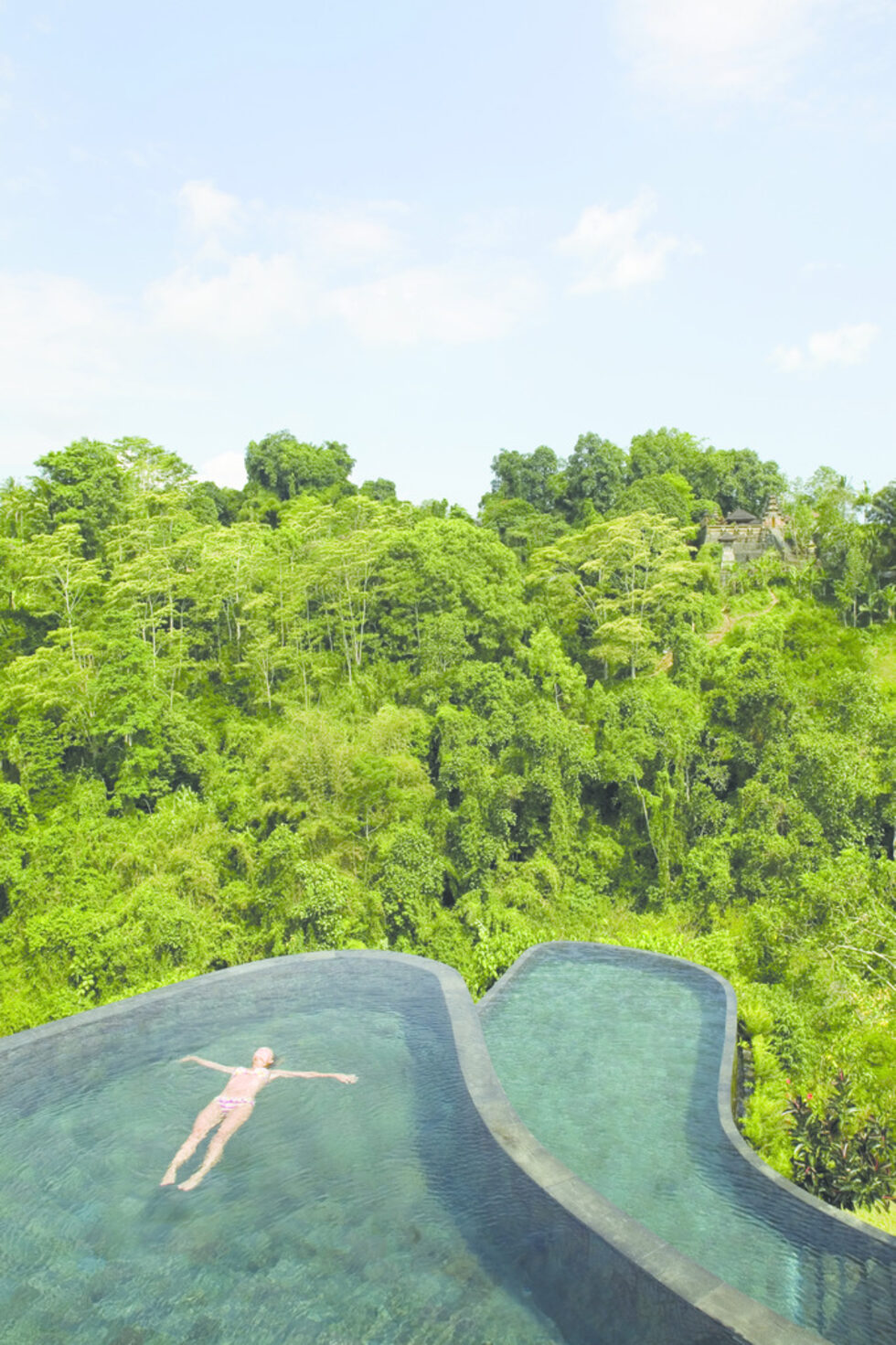 Луксозният петзвезден хотелски комплекс "Ubud Hanging Gardens" се намира в Бали, Индонезия. Басейнът на хотела е разположен на две нива и е изграден от бляскав антрацит.