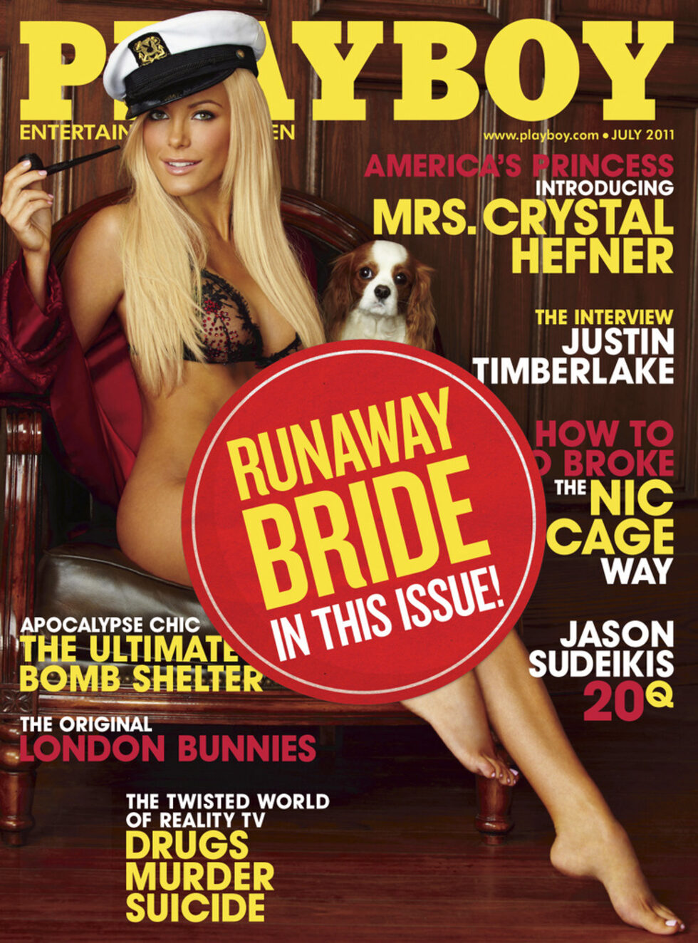 През юли 2011 г. базираната в Чикаго компания Playboy Enterprises Inc. издава брой със стикер на корицата с 24-годишната Кристъл Харис, наречена "булката беглец". В случая "Плейбой" прави изменение на броя в последния момент, след като Харис се отказва  от сватбата с Хю Хефнър. Двамата правят планове да се оженят в имението на "Плейбой" в Лос Анджелис, но Харис обявява, че сърцето й в последния момент й казало да не го прави.