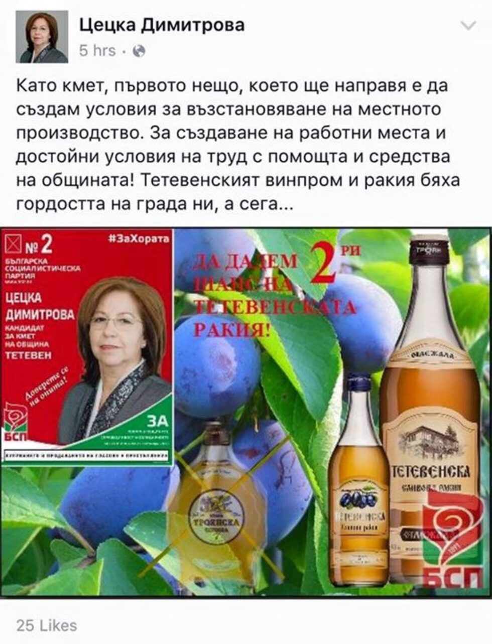 Кандидатът за кмет на БСП за община Тетевен Цецка Димитрова събира най-голяма подкрепа в социалната мрежа "Фейсбук", където плакатът й се разпространява с призива й за втори шанс на тетевенската ракия.