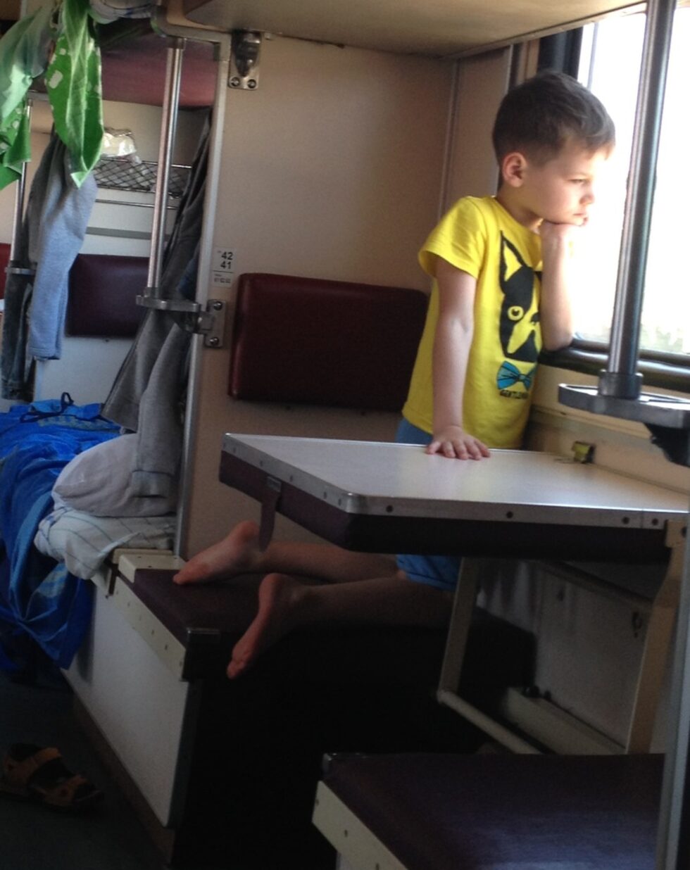 Във влака от Невиноминск за Владикавказ. Вагонът е тип "плацкарт" – спален вагон без отделни купета - с 65 спални места.