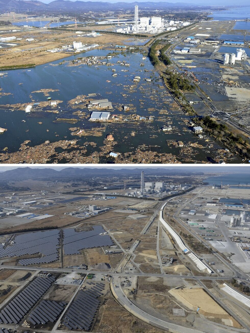 Град Шинчи в префектура Фукушима на 12 март 2011 г. и на 2 март 2016 г.
