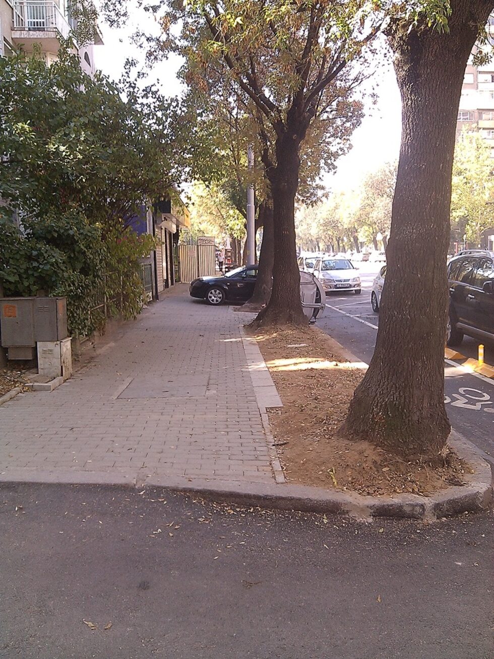 Този път хем на велоалеята, хем на тротоара. Малка кола, има към метър между нея и магазините, вероятно е предостатъчно за детска количка. П.С. Някой му е вдигнал чистачката от стъклото. Какво означава това - предупреждение нещо?