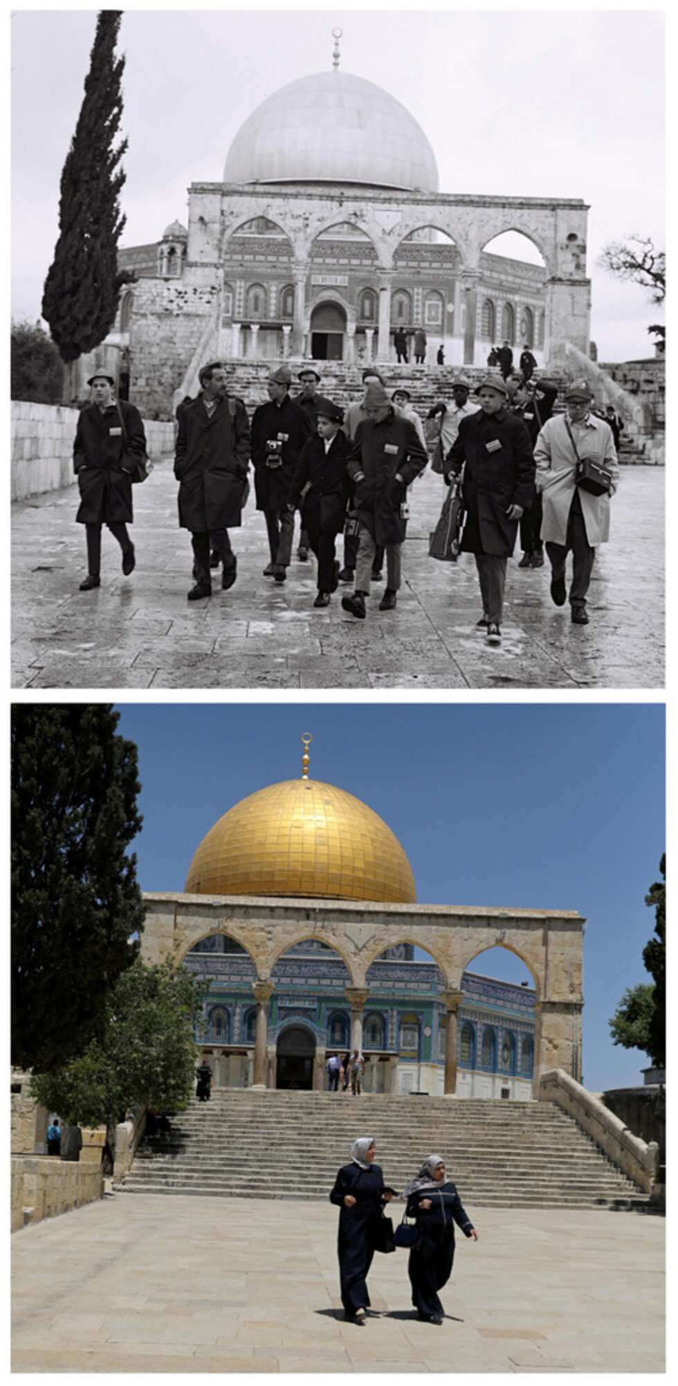 Млади дипломати пред Купола на скалата на 24 декември 1967 г. и на 17 май 2017 г.
