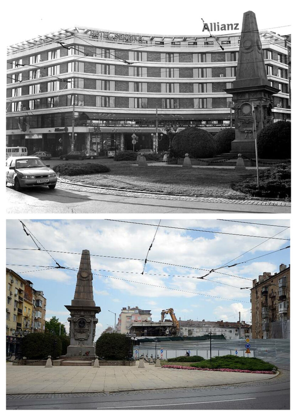 Открийте липсващото в картинката. <br /><br />Сградата на бившето кино "Сердика", над което беше хотел "Сердика" (а до него и хотел "Берлин"), бе напълно <a href="https://www.dnevnik.bg/razvlechenie/2016/07/25/2800836_snimka_na_denia_kraiat_na_kino_serdika/" target="_blank">премахната през лятото на 2016 г</a>. На същото място - точно зад паметника на Васил Левски, ще се издигне петзвезден хотел от международната верига "Хаят". Строежът се забави заради открития в основата му античен некропол.