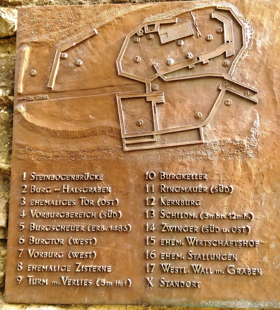На медна плоча, поставена на главната защитна стена с дебелина около 3 метра, е схемата на замъка. Замъкът е бил лесно достъпен само от източната страна, където възвишението плавно преминава  към откритата местност.