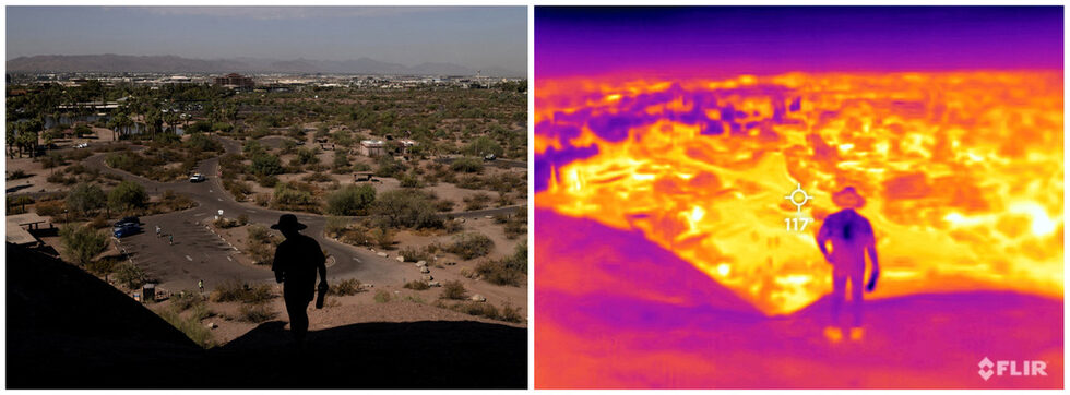 Карлос Бария, фотограф на "Ройтерс", прекара в града три дни с FLIR камера (Forward Looking InfraRed), регистрираща температурата на повърхността на земята и различни обекти и човешки тела. Инфрачервените снимки показват до какви опасни нива достигаше горещината хладните места са синьо-виолетови, а най-горещите са в жълто-бяло). Данните за температурата са от National Weather Service.