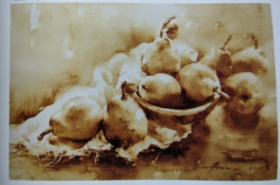 Анжелика Максимова "Coffee Pears" 38/56 см, кафе.<br /><br />Целта на първата националната изложба биенале "Натюрморт" в Поморие е да привлече вниманието на творците и ценителте към този основополагащ жанр в изобразителното изкуство. Големият интерес на художниците към дебютното издание на биенале "Натюрморт", разнообразието и качеството на творбите доказват голямото значение на идеята на директора на Градската художествена галерия, живописеца Милчо Талев, подкрепена от Община Поморие, Съюза на българските художници, Министерството на културата. Организаторите на този нов артфорум са издали и цялостен изящен каталог.<br /><br />Творбите са селектирани от авторитетно жури, което - по думите на председателя на СБХ Любен Генов, е чест за художниците, тъй като е оглавявано от Ивайло Мирчев, носител на двете най-престижни награди за живопис, и съставено от доказали се талантливи художници и изкуствоведи като Долорес Дилова, Богомил Живков, Марин Добрев, Валентин Узунов, Милчо Талев и Антон Лалев, директора на дирекция "Хуманитарни дейности" към община Поморие.<br /><br />