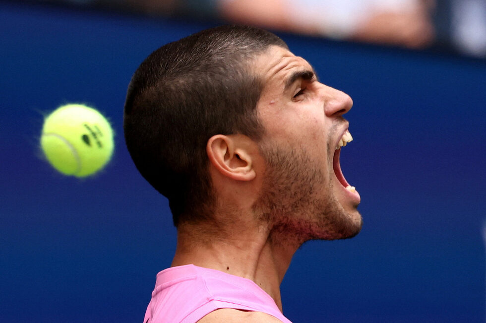 Карлос Алкарас по време на четвъртфиналния си мач от US Open срещу чеха Йржи Лехечка, завършил с победа на испанеца, Ню Йорк, САЩ.