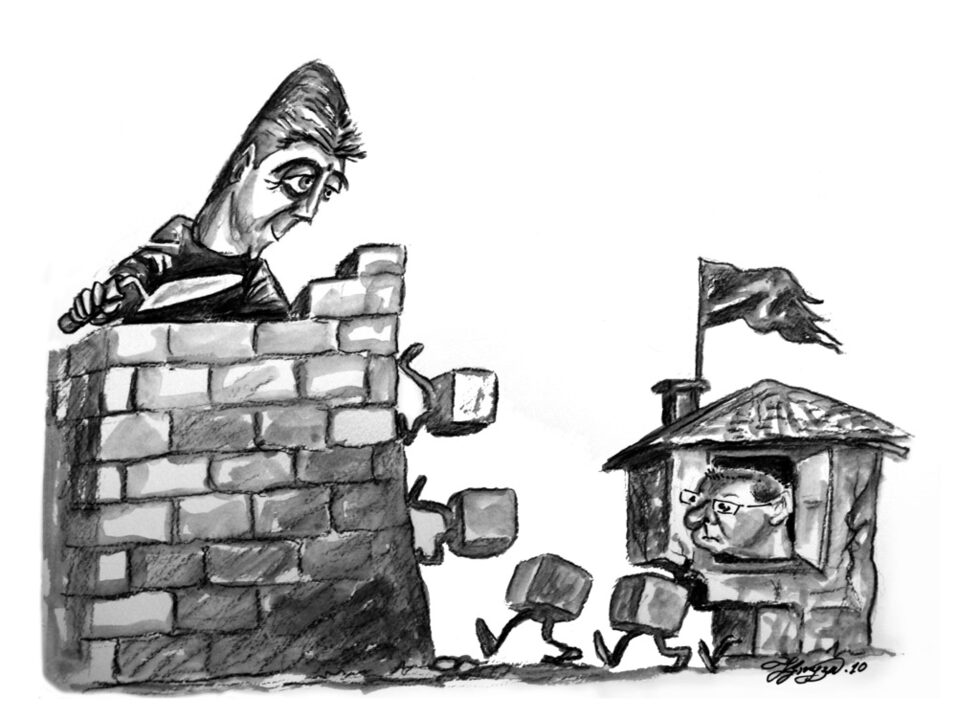 Карикатурата е публикувана във в. "Дневник", заедно с анализа <a href="http://www.dnevnik.bg/analizi/2010/06/29/925212_purvanoviiat_dvorec_i_stanishevata_koliba/" target="_blank">"Първановият дворец и Станишевата колиба"</a>. Александър Маринов, доцент по публична администрация в СУ "Св. Климент Охридски", наблюдава политическата активизацията на Първанов в последните дни на юни месец, 2010 година.<br />
<br />
"Проблемът на социалистите е, че построяването на "новия политически дворец" на Георги Първанов минава и не може да не мине през разрушаването на "старата социалистическа партийна колиба". Независимо къде се ситуира проектът "Първанов" – срещу ГЕРБ (както се очертава и е по-логично) или "редом до Бойко Борисов" (както го съветват някои), той по дефиниция е взаимноизключващ се с идеята за силна и влиятелна БСП", пише той.